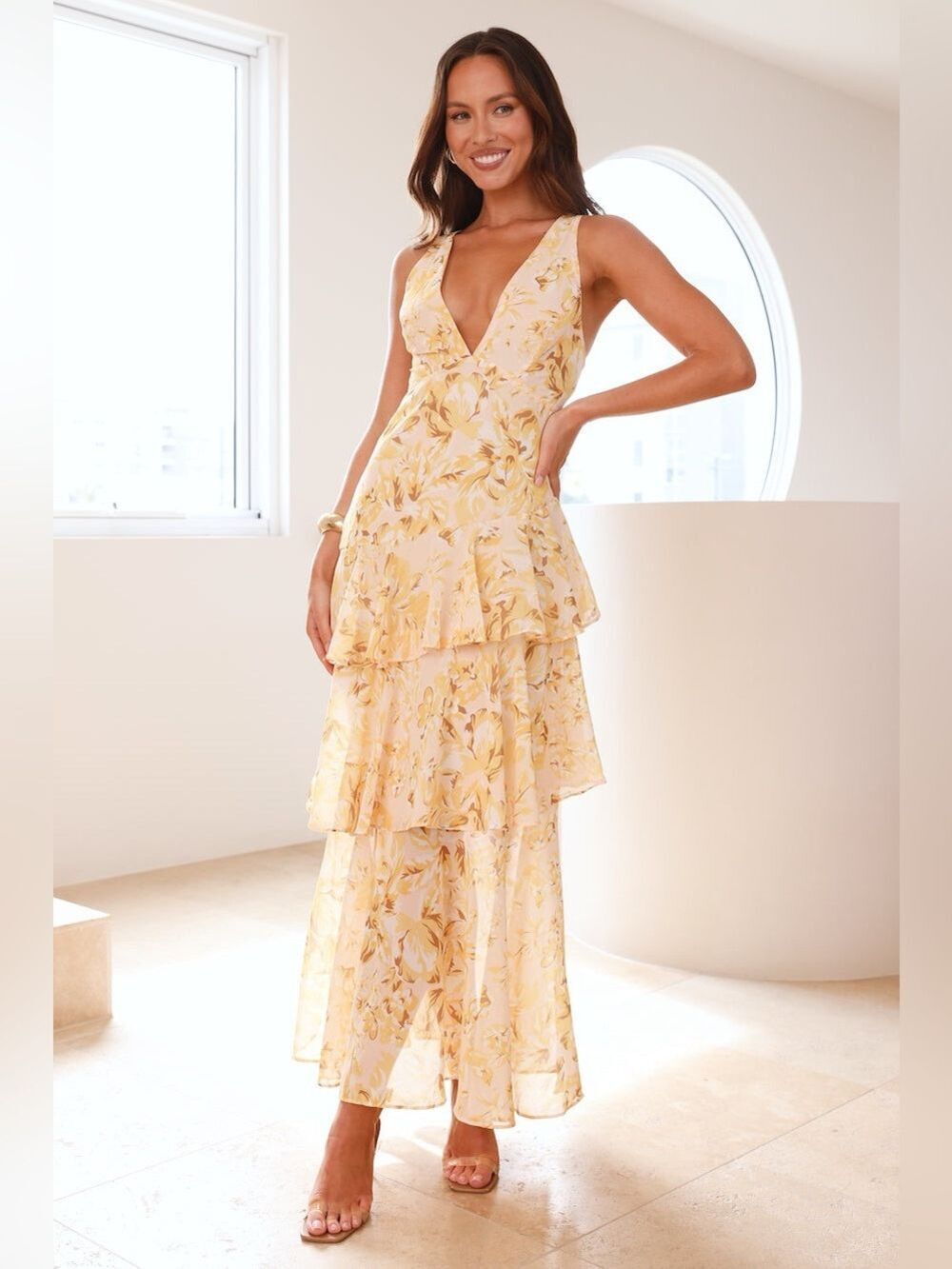 Floral Chiffon Flowy Deep V-Neck Yellow Tiered Open Back Summer Maxi Dress